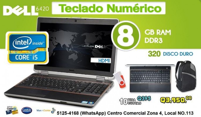 Laptop Dell Latitude E6520 Core I5 Pantalla De 15.6 Con 8Gb RAM 10 Visa Cuotas y Cuotas Credomatic Q395.00 SIN RECARGO