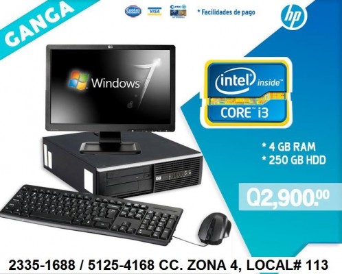 GANGA Computadoras HP con PROCESADOR CORE I3 Con 4Gb Contamos Con 10 Visa Cuotas Q290.00